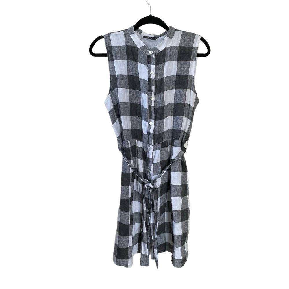 LUNGO LβARNO Italy Linen Sleeveless Checked Mini Dress Black White S